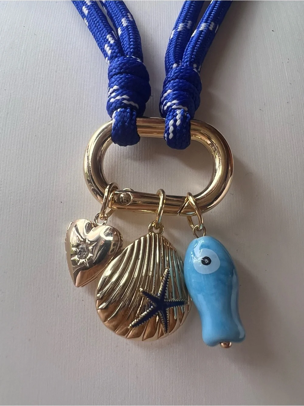 Blue Cord Nautical Charm Necklace with Heart, Gold Shell & Fish